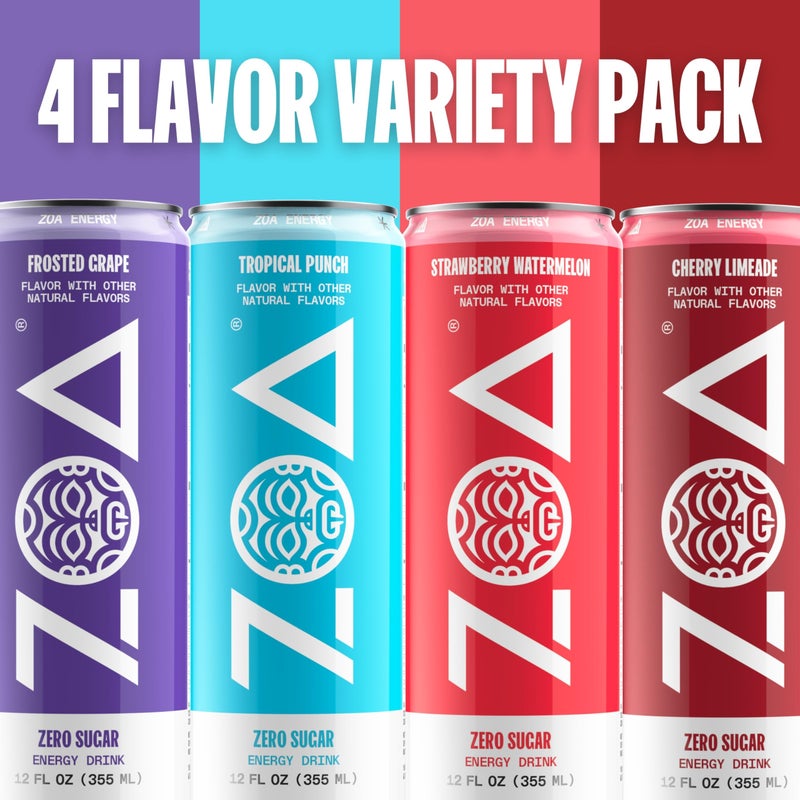 ZOA Zero Sugar Energy Drinks, Variety Pack - Sugar Free with Electrolytes, Healthy Vitamin C, Amino Acids, Essential B-Vitamins, and Caffeine from Green Tea - 12 Fl Oz (12-Pack) - Image 3